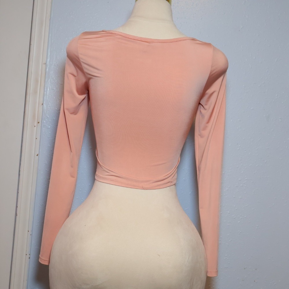 Fashion Nova Women Peach Coral Ruched Drawstring Square Neck Long Sleeve - Picture 2 of 4